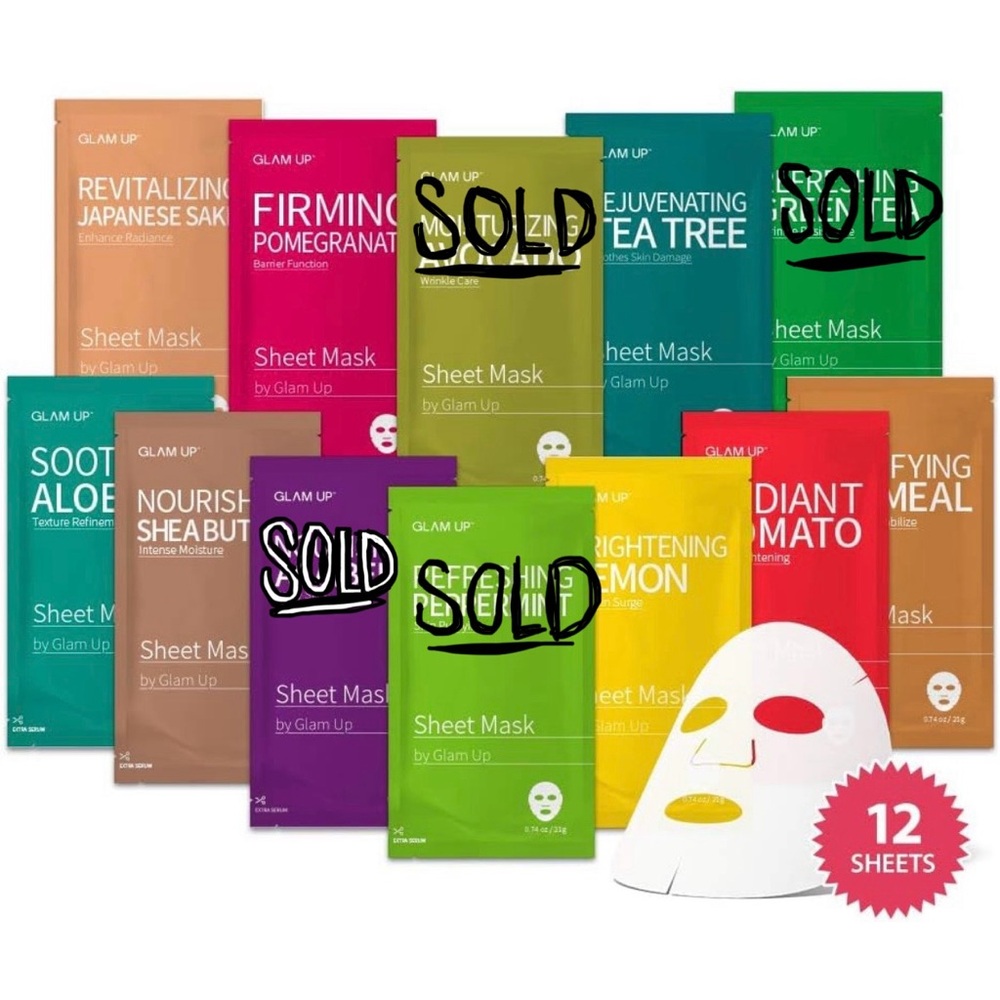 Glam Up Set of 8 Face Sheet Masks Nourishing Revitalizing Soothing Moisturizing